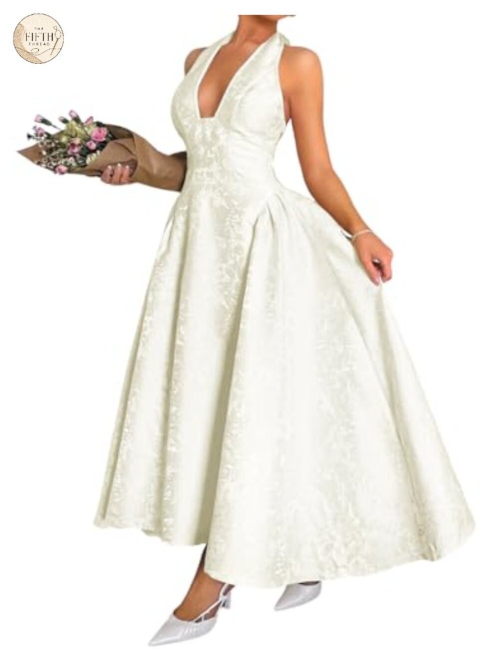 Jacquard Maxi Dress V Neck Halter A Line Backless Drop Waist Semi Formal